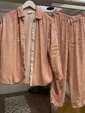 Pink Sequin Cardigan and Pants Set